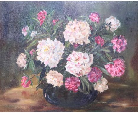 Muriel Reynolds (20th Century)"Peonies"Signed, signed and inscribed to label affixed verso, oil on board, together with a fur