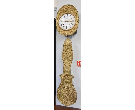 A 19th century French Brass Mounted Wall Clock, twin weight driven movement, striking on a bell and with enamel dial, signed,