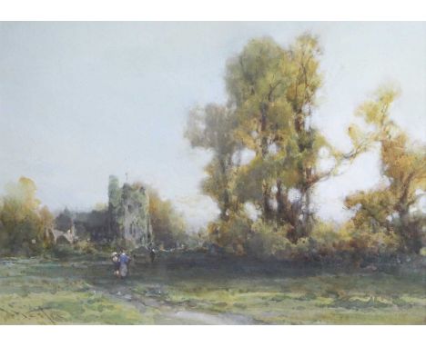 Stephen Frank Wasley (1848-1934)Figures in a wooded summer landscape with church tower beyondSigned, watercolour, together wi