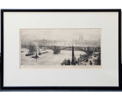 William Lionel Wyllie RA (1851-1931)Westminster and Blackfriars Bridge from St Paul'sSigned in pencil, etching, 18.5cm by 38.