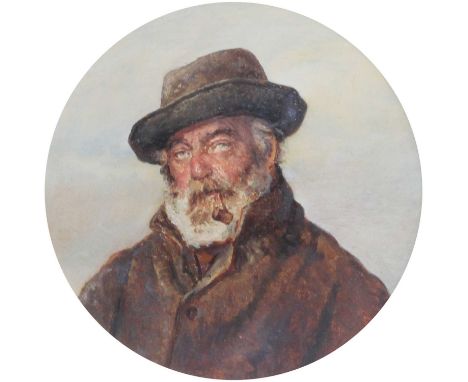 William M Wyllie (fl.1852-1890)Study of an old man smoking a pipeOil on panel, 9.5cm dia. (tondo)