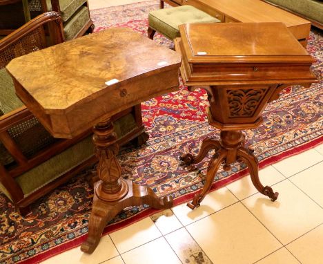 A Victorian Walnut Centre Pedestal Work Table, with caddy top, having fitted interior with open fret carved compartment cover