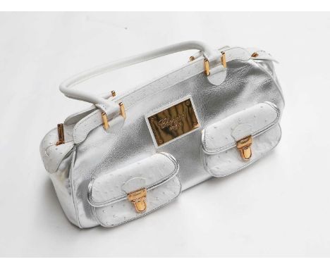 Chopard Silver Leather Bowling Bag, with two front pockets, trimmed with white ostrich type leather, gold-tone hardware, zip 