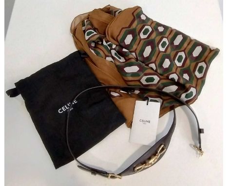 Celine Brown Leather Belt with gold coloured hardware (80cm stamped to inside of belt) and Celine Brown Silk Scarf with green