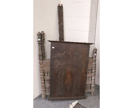 An 18th Century Oak Panel; together with one other, and two Indian carved wood headboards (4)