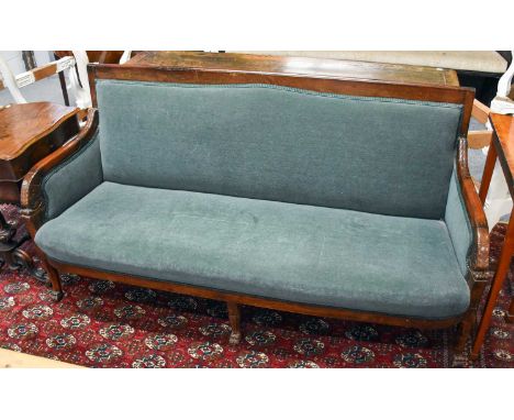 A Victorian Sofa, the arms carved with dolphin heads, on claw feet, 174cm