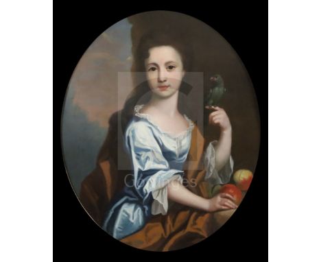 Early 18th century English Schooloil on canvasPortrait of a young lady with a parrot and peachesoval, 29 x 24in.