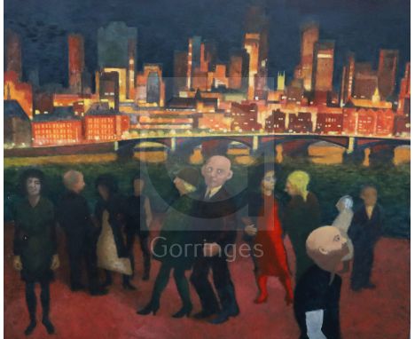 Gerald R. Jarman (British, 1930-2014)oil on canvasNight Cityscape: 'The Evening Begins'55 x 66in. unframed.