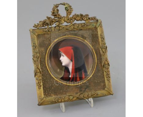 A Limoges enamel portrait plaque of Saint Fabiola, after Henner, early 20th century in a gilt metal frame, 18cm x 13.5cm