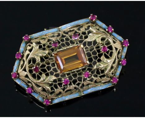 A 1960's Italian 18ct gold, synthetic? orange sapphire, synthetic? ruby and blue enamel set octagonal openwork brooch by Gara