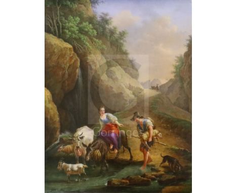A French porcelain plaque signed Binet and dated 1834, finely painted with figures and animals crossing a stream after an Old
