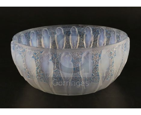 A Rene Lalique 'Perruches' blue-stained opalescent glass bowl, c.1931, model 419, etched mark 'R. LALIQUE FRANCE', D. 24.5cm