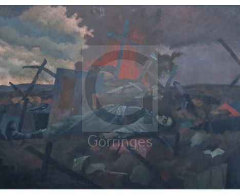 Gerald R. Jarman (British, 1930-2014)oil on canvasWW1 Series; 'O Soft Embalmer of the Still Midnight'inscribed and signed ver