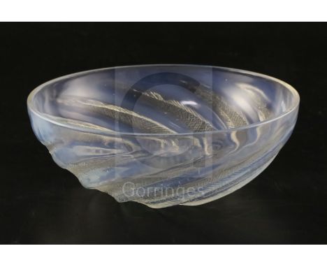 A Rene Lalique clear and opalescent glass 'Poissons' bowl, moulded mark 'R. LALIQUE' to centre, D. 21cm