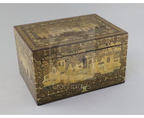 A Chinese export gilt-decorated black lacquer tea caddy, 19th century, the exterior decorated with figures amid pavilions and