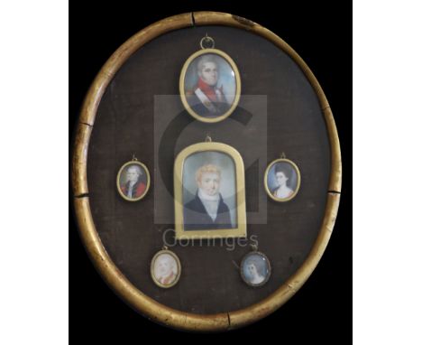 A group of six miniature portraits relating to the Adye Family, comprising:English School (19th century)on ivoryHead and shou