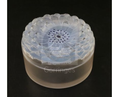 A Rene Lalique 'Dahlia' frosted glass powder box and cover, c.1930, the flower-moulded top blue-stained and enamelled to cent