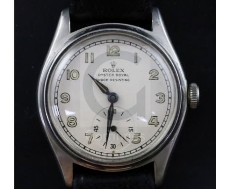 A gentleman's late 1940's? stainless steel Rolex Oyster Royal shock-resisting mid-size manual wind wrist watch, with Arabic d