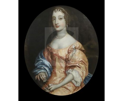 Manner of Sir Peter Lely (1618-1680)oil on canvasPortrait of a lady wearing a pearl necklace and silk dressoval, 28 x 24in.