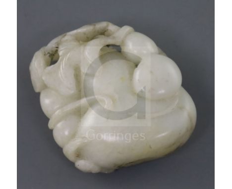 A Chinese white jade carving of gourds, 19th century, carved in openwork and high relief with tendrils and a bat, the stone w