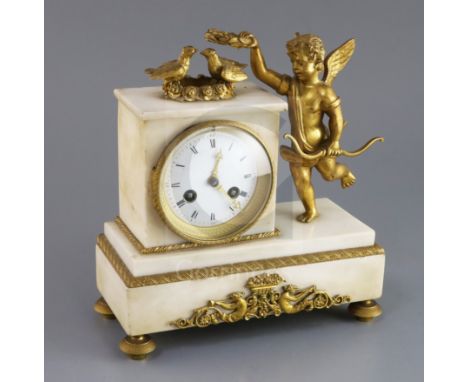 A 19th century French ormolu and white marble mantel clock, surmounted with Cupid and two doves, with enamelled Roman dial an