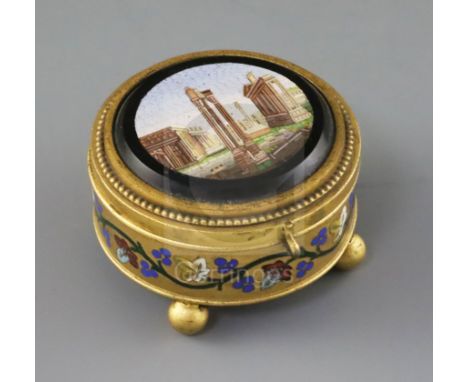 Cesare Roccheggiani of Rome. A micromosaic mounted ormolu casket, the cover depicting the ruins of the Forum Romanum, the sid