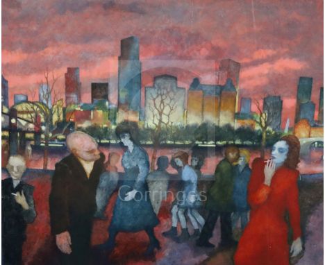 Gerald R. Jarman (British, 1930-2014)oil on canvasCityscape: 'Pink Sky Reflected'54.5 x 65in. unframed