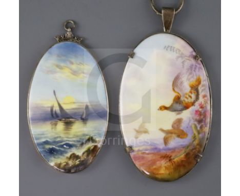 Two Royal Worcester oval porcelain plaques, the first signed C. Johnson painted with flying grey partridges in a landscape, d