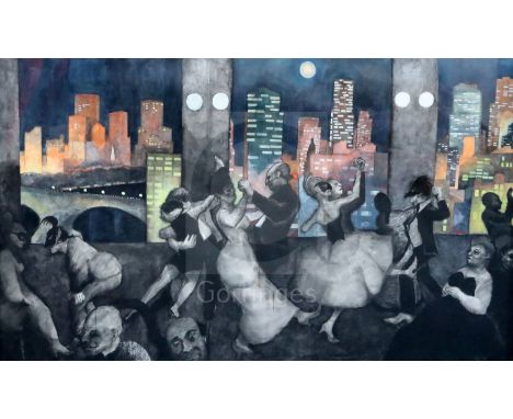 Gerald R. Jarman (British, 1930-2014)charcoal and acrylic on paperNight Cityscape: 'Dance Burlesque'43 x 73.5in.