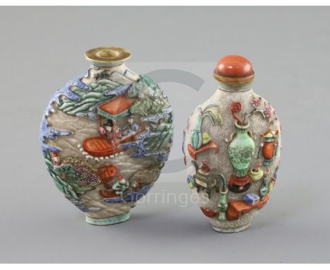 Two Chinese enamelled and moulded porcelain snuff bottles, Jiaqing porcelain four character marks and of the period (1796-182