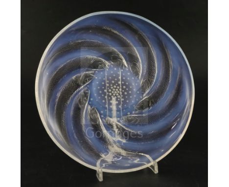 A Rene Lalique clear and opalescent glass 'Poissons' dish, moulded mark 'R. LALIQUE' to centre, D. 26cm