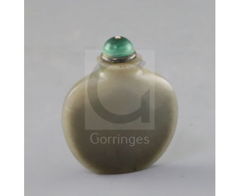 A Chinese grey jade snuff bottle, 19th century, of flask form, well hollowed, the stone of even tone, 5.7cm excluding silver 