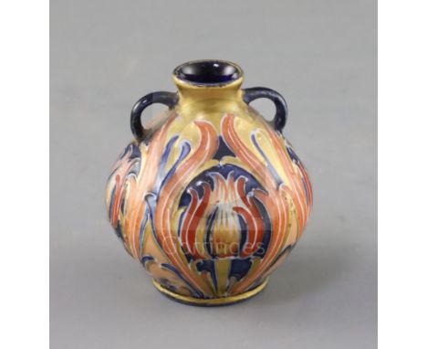 A Moorcroft Macintyre pink Florian ware miniature two handled vase, c.1904-08, decorated with tulips, brown printed Macintyre