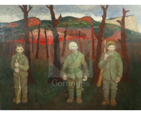 Gerald R. Jarman (British, 1930-2014)oil on canvasWW1 Series; 'Three Soldiers' Hunting Art Prizes 2002 label verso42 x 56in.