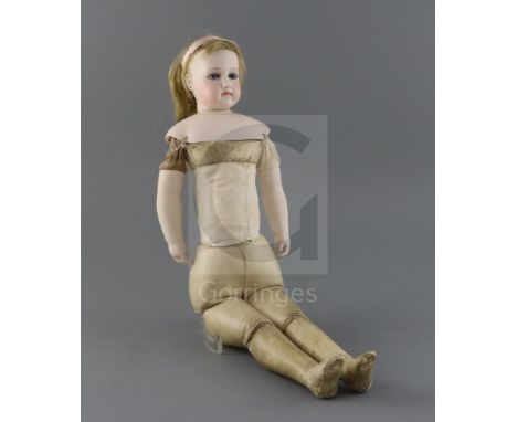 A fine rare Jumeau Poupee Peau fashion doll, with portrait face, pale bisque, unmarked, kid body, bisque arms, original wig, 