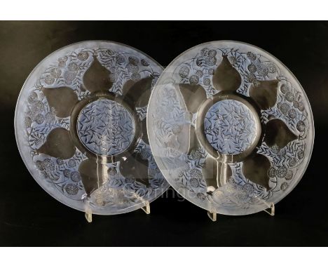 A pair of Lalique 'Vases' plates, reverse-moulded with blue-stained decoration, VDA and France moulded mark and stencilled ma