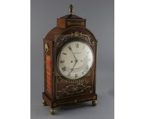 Bucknell of London. A Regency brass inset mahogany hour repeating bracket clock, with painted Roman dial and twin fusee movem