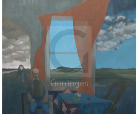 Gerald R. Jarman (British, 1930-2014)oil on canvasEast Anglia Series No.1 'Landscape with Seated Man (Max Jacob)'50 x 59.5in.