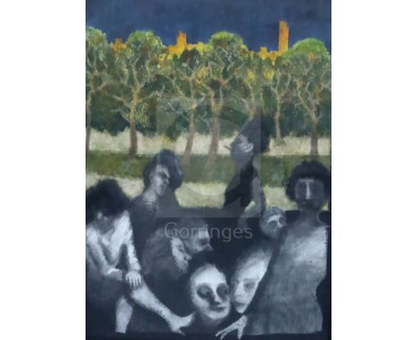 Gerald R. Jarman (British, 1930-2014)charcoal and oil on paper'Night skyline over Trees and People of the Night'53 x 39in.
