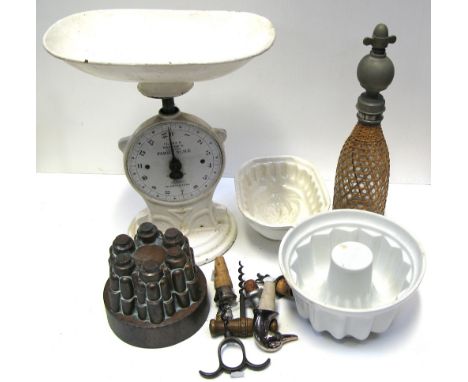 A collectors lot of kitchenalia to include Slater scales, bottle stoppers, copper and ceramic jelly moulds and also a silver 