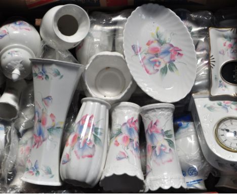 A quantity of modern Aynsley vases bowls, pin dishes and a mantel clock.