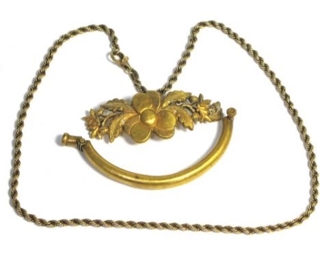 A 9ct gold rope chain, a section from a yellow metal bangle (af) and a yellow metal brooch (af), approx combined weight 45g (
