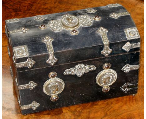 A 19th century walnut and ebonised two compartment tea caddy with brass Gothic style decoration and classical medallions in r