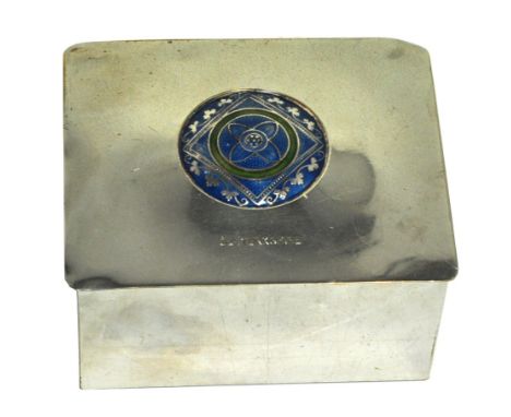 A white metal cigarette box with circular enamel motif, bearing the inscription "S.S.Yorkshire", length 10cm.