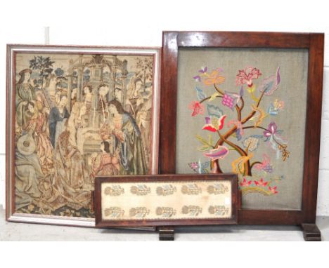 An embroidered fire screen, a tray and a small tapestry picture (3). CONDITION REPORT No painted examples. Largest 60 x 50cm,