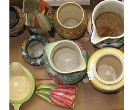 A collection of Art Deco ceramics to include a Bursley ware vase by Charlotte Reed (af) a Quimper jug decorated with courting