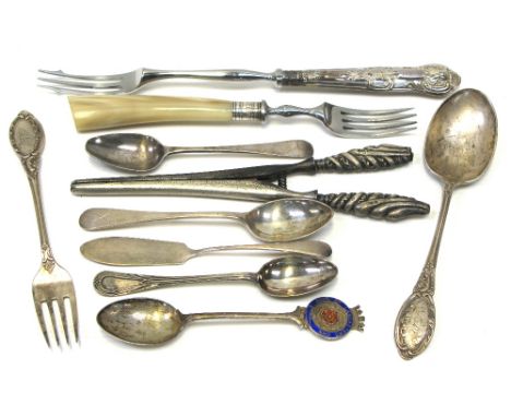 Five hallmarked silver teaspoons, a silver spoon, silver handle glove stretchers, a silver handle pickle fork etc.