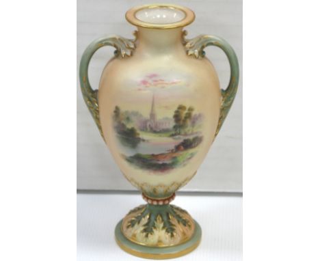 A Royal Worcester blush ivory, green and gilt heightened twin handle baluster vase on a pedestal base, hand painted with a co