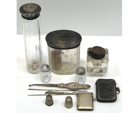 A small quantity of silver and white metal to include a hallmarked silver thimble, a hallmarked silver vesta case and match h
