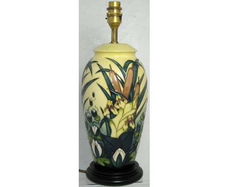 A contemporary Moorcroft cream ground Bulrush pattern lamp with original tag, height 37cm.
